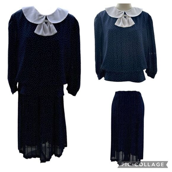 2 Pieces Vintage Mono New York Navy White Polka Dot Peter Pan Top Pleated Shirt - Picture 1 of 8